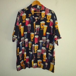Vintage 1990s CHEROKEE Men’s Retro Funny Glass Of Beer Print Collar Button Up